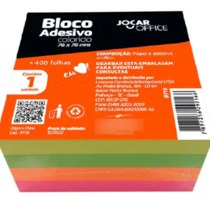 BLOCO ADESIVO 76X76MM NEON 400FLS - JOCAR OFFICE